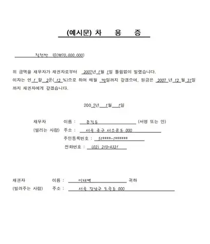 차용증을 쓰지 않고 돈을 빌려줬을 때 향후 돈을 돌려받을 수는 있지만, 그 절차가 복잡하고 증명하기 어렵다. 사진은 서울중앙지방법원이 제공하는 차용증 예시.