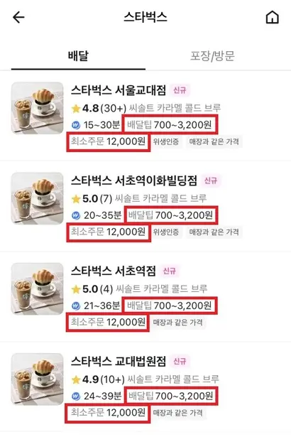 배달 앱 ‘​배달의민족’​에 있는 스타벅스의 최소주문금액과 배달팁. 사진=배민 앱 캡처