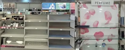 상품 매대가 비어있는 아리따움 매장. 아리따움 가맹점주들은 가맹본사가 가맹점 판매 상품을 계속 단종해 매장에서 판매할 수 있는 상품이 없다고 주장한다. 사진=독자 제공