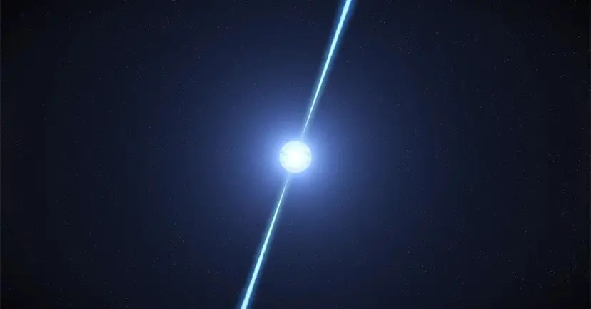 위아래로 뻗은 자기장을 따라 강력한 에너지 제트를 토해내는 중성자별의 모습. 사진=NASA