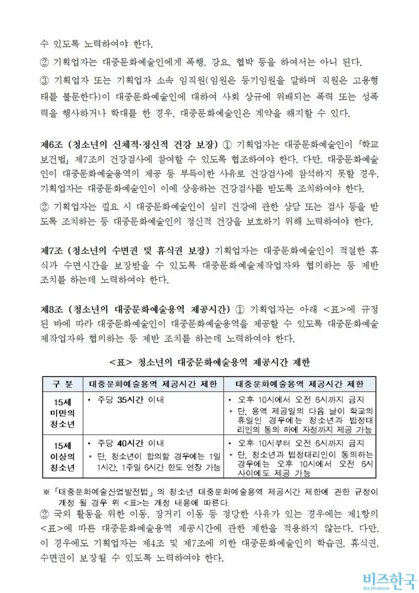 청소년 대중문화예술인(또는 연습생) 표준 부속합의서 일부 내용.