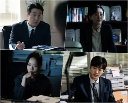 (오른쪽 위부터 반시계 방향으로) 청주지검의 부장검사 전미란과 부부장검사 조병건, 평검사 김지희와 신입 검사 성시운. 평면적으로 그려지기 쉬운 조연 캐릭터 모두 제각각 입체적이고 그를 구현하는 배우들의 연기도 과하거나 모자람이 없다. 사진=티빙 제공