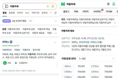 포털 ‘다음’의 검색 등 서비스 품질 관리를 두고 이용자들의 지적이 이어지고 있다. 다음과 네이버 포털에서 각각 자동차세를 검색한 상단 화면. 사진=독자 제공