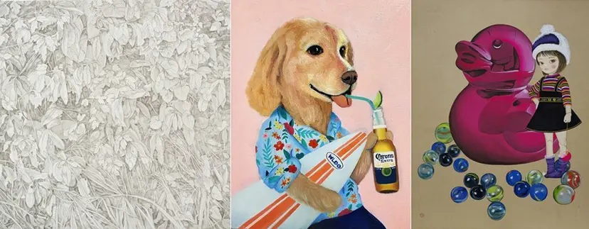 김연_The spring sunshine 2: 80×80cm 순지에 먹과 호분 2024, 김연주_'Corona' in Paw 'Retriever': 27.3×34.8cm Oil painting&mixed 2024, 김지숙_동심#18: 91×116.8cm 순지에 혼합채색 2023.
