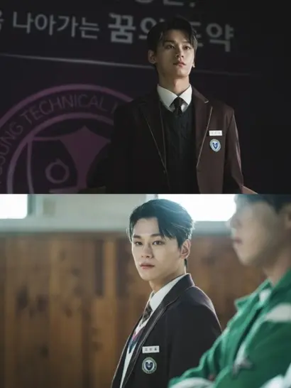 유성공고의 실세이자 암적인 존재인 피한울. 피한울을 연기한 차우민은 최근 넷플릭스에 공개된 ‘멜로무비’에선 박보영의 아는 동생으로 나와 까불까불하고 귀여운 모습으로 반전매력을 선보인다. 사진=티빙 제공