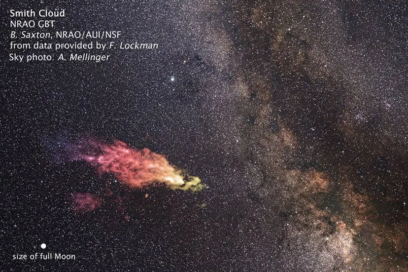 우리 은하 주변을 도는 기다란 가스 구름인 ‘스미스의 구름’. 사진=NASA, ESA, and Z. Levay(STScI); Image: B. Saxton and F. Lockman(NRAO/AUI/NSF), and A. Mellinger