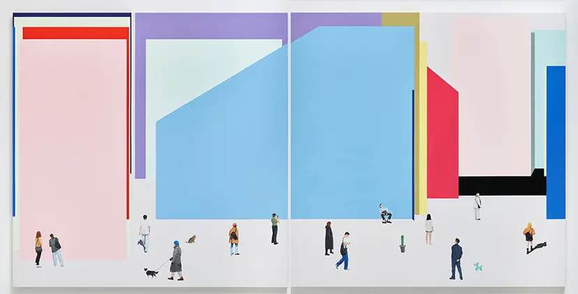 무너지고 쌓아 올리는 세계: 260.6×130.3cm Acrylic and oil on canvas 2024