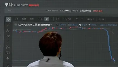 2022년 5월 국산 가상화폐 루나와 테라USD(UST)의 폭락사태가 벌어진 가운데 서울 서초구 빗썸 고객센터 전광판 앞에서 관계자가 가상화폐 ‘루나’ 시세를 보고 있다. 사진=박정훈 기자