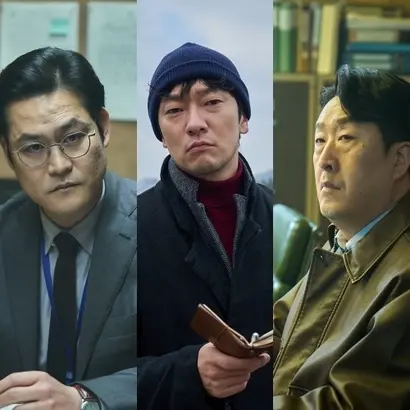 한강경찰서 강력2팀장 양정호와 김한샘, 그리고 강력2팀 형사이자 막내인 최산. 넷플릭스 드라마 ‘D.P.’ 때 나이와 역순의 직급으로 만났던 배우 김성균, 손석구, 현봉식 세 사람은 이번엔 나이 순으로 직급이 배치돼 웃음을 안긴다. 일종의 배우 개그. 사진=월트디즈니컴퍼니코리아 제공