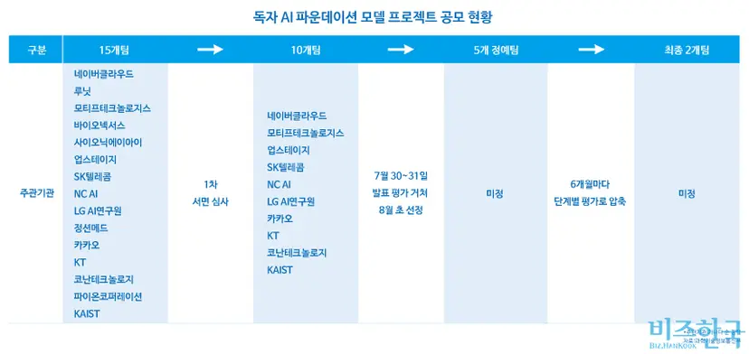 국가대표 AI를 구축하기 위한 프로젝트가 시작된 가운데 예선을 통과한 10개 팀이 2차 발표 평가를 앞두고 있다. 그래픽=김상연 기자