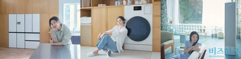 삼성전자가 지난 4월부터 내보내는 AI 가전 트로이카 광고. 과거 자사 에어컨, 세탁기, 냉장고 광고모델이었던 김연아, 한가인, 전지현을 다시 기용해 AI 제품을 홍보한다. 사진=삼성전자