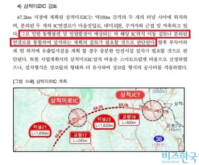 예타 보고서는 IC 위치를 서정선IC, 사북IC, 서삼척IC, 삼척미로IC으로 제시하면서도 위치 검토가 필요하다고 명시한다. 자료=2025년도 예비타당성조사 보고서 영월~삼척고속도로 신설사업