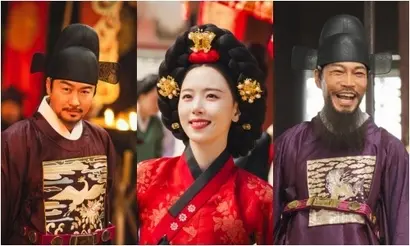 이헌의 총애를 받는 도승지 임송재와 이헌이 총애하는 후궁 강목주, 그리고 이헌에게 강목주를 바치고 기회를 노리는 왕족인 제산대군. 실제 역사 인물인 임숭재, 장녹수, 제안대군에서 모티프를 딴 인물들이다. 사진=tvN 제공