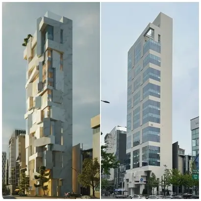 도미니크 페로의 원안 조감도와 실제 건축된 디아드 청담의 모습. 사진=디아드청담, 한동훈 제공