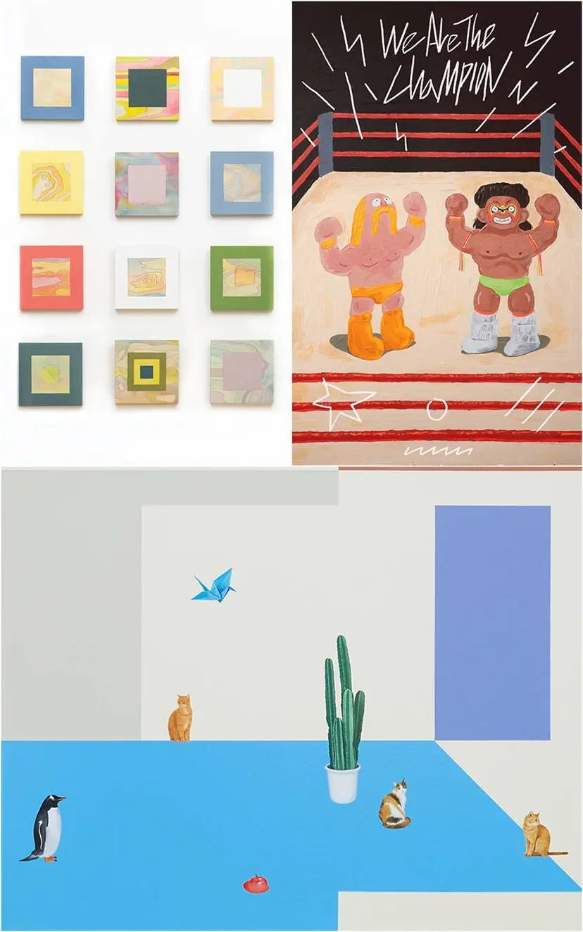 폴 킴_Composition Va3: 20×20cm(each) Acrylic and watercolour on wooden panels 2025, 허찬_We are the Champion: 65.1×1100cm Acrylic on canvas 2026, 김보민_우리가 다시 만난다면: 53×40.9cm Acrylic and oil on canvas 2024(왼쪽 위부터 시계방향).