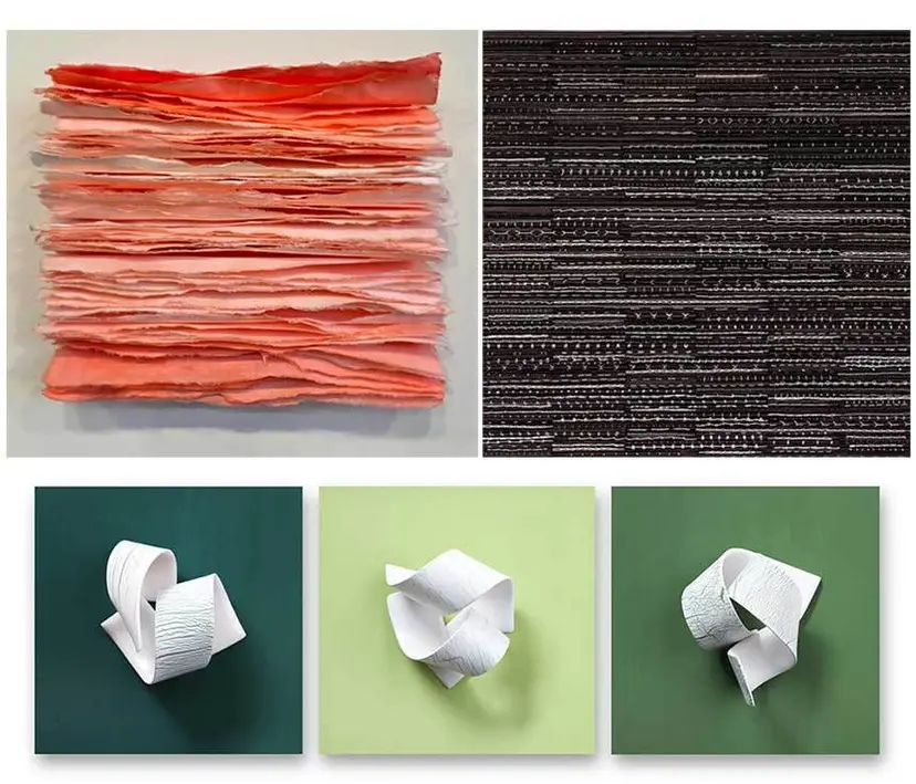 박준희_내안의 너 결: 32×30cm, Mixed media 2025, 이혜원_이야기의 향연 sereis5: 40×40cm Binding & piling 2023, 성주영_거짓말은 무슨색일까 시리즈: 25×25cm(each) 백자, 상감기법 2025(왼쪽 위부터 시계방향).