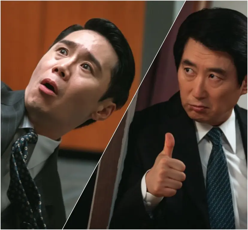 호시탐탐 홍금보를 잡아먹지 못해 안달인 빌런 차중일과 홍금보의 강력한 지지자인 국장 윤재범 역의 임철수와 김원해. 드라마의 웃음 축을 담당하고 있다. 사진=tvN 제공