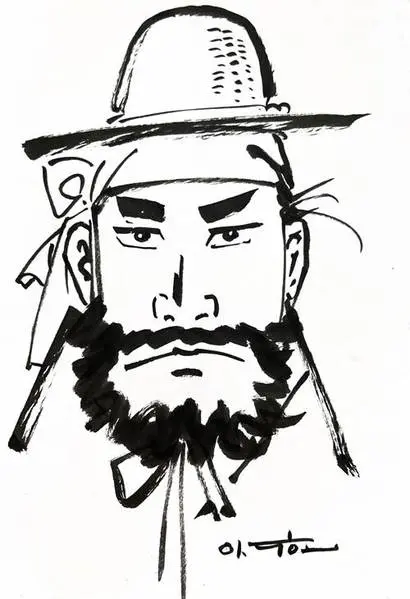 슥슥, 이두호 작가가 즉석에서 그려준 임꺽정. 그림에 힘이 넘친다. 사진=필자 제공