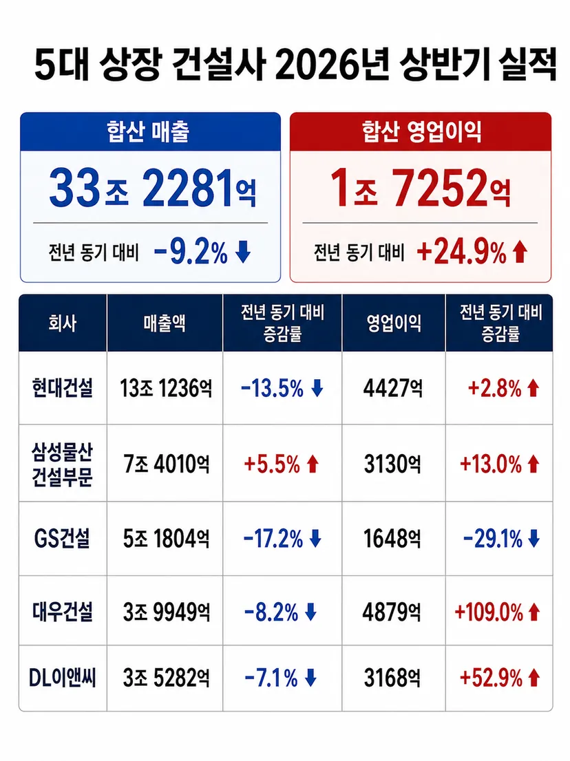 5대 상장 건설사 상반기 영업익 25% 늘었다…‘고원가 현장’ 줄어든 효과